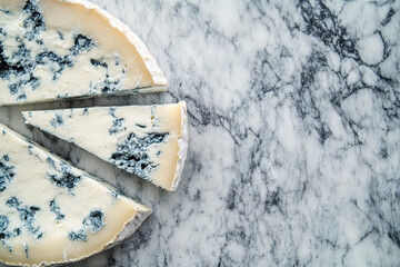 A top-down view of blue-veined sliced Saint Agur cheese on a marble floor. (Generative AI)