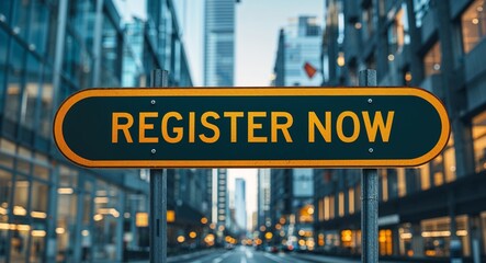 Obraz premium register now text on road sign in middle of modern business city background