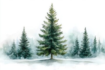Lush Pine Tree Forest Watercolor Illustration with Misty Background