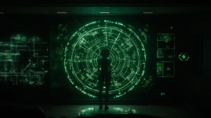 Silhouetted Woman Observing Futuristic Green Interface
