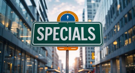 Obraz premium daily specials text on road sign in middle of modern business city background