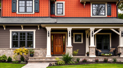 Obraz premium Stunning Modern Home Exterior Design: A Dream House with a Classic Porch and Landscaped Garden