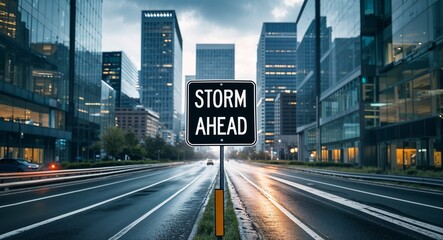 Obraz premium storm ahead text on road sign in middle of modern business city background