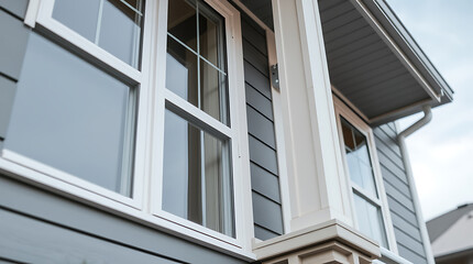 Fototapeta premium Modern Home Exterior: Grey Siding, White Windows, and Architectural Details