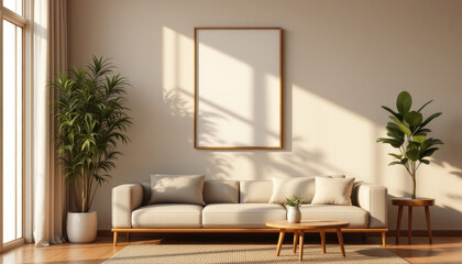 a large window with white curtains, a white sofa with two pillows, a wooden coffee table, and two potted plants. Cozy modern living room with photo frame design