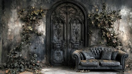A dramatic setting featuring a charcoal-gray sofa, an elaborate gothic door, and ivy creeping along the edges.