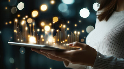 Asian female using tablet with glowing data visualizations in modern setting