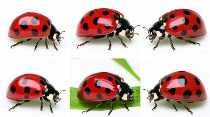 Six Red Ladybugs in Various Poses on White and Green Backgrounds