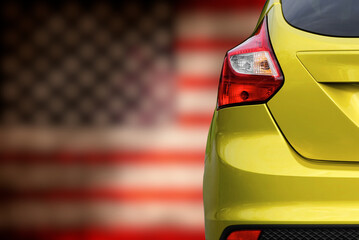 Flag of the United States of America and a modern car