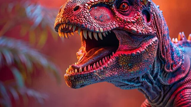Close-up of a vibrant, colorful Tyrannosaurus Rex, digitally enhanced with a dramatic lighting effect. Prehistoric reptile, Jurassic period.