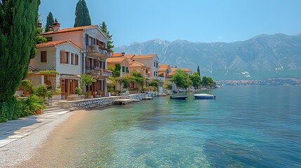 Seaside villas, coastal town, mountain view, summer tourism