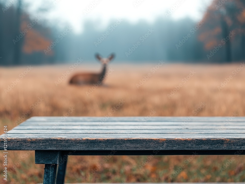 Poster empty wooden table with blurred deer resting in meadow background