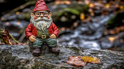 Autumnal Gnome by the Creek: A Serene Garden Scene
