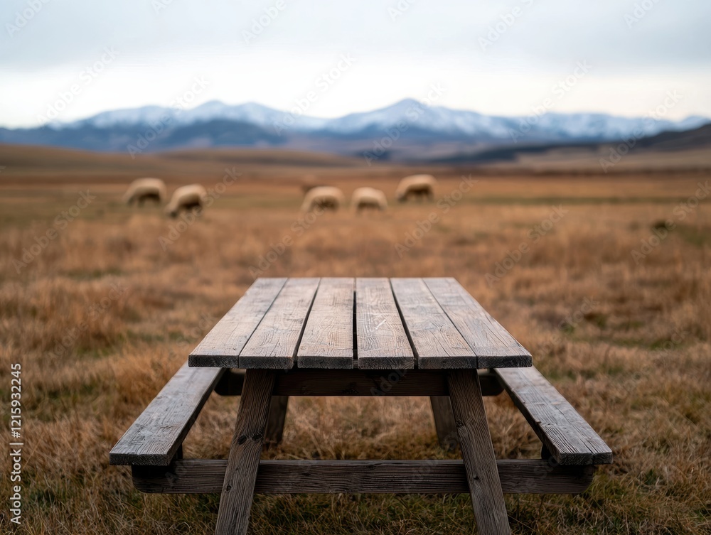 Poster empty picnic table overlooking sheep grazing in a peaceful field with mountains