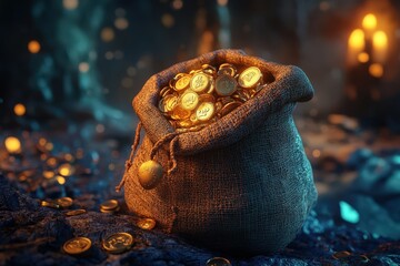 A burlap sack overflows with ancient golden coins