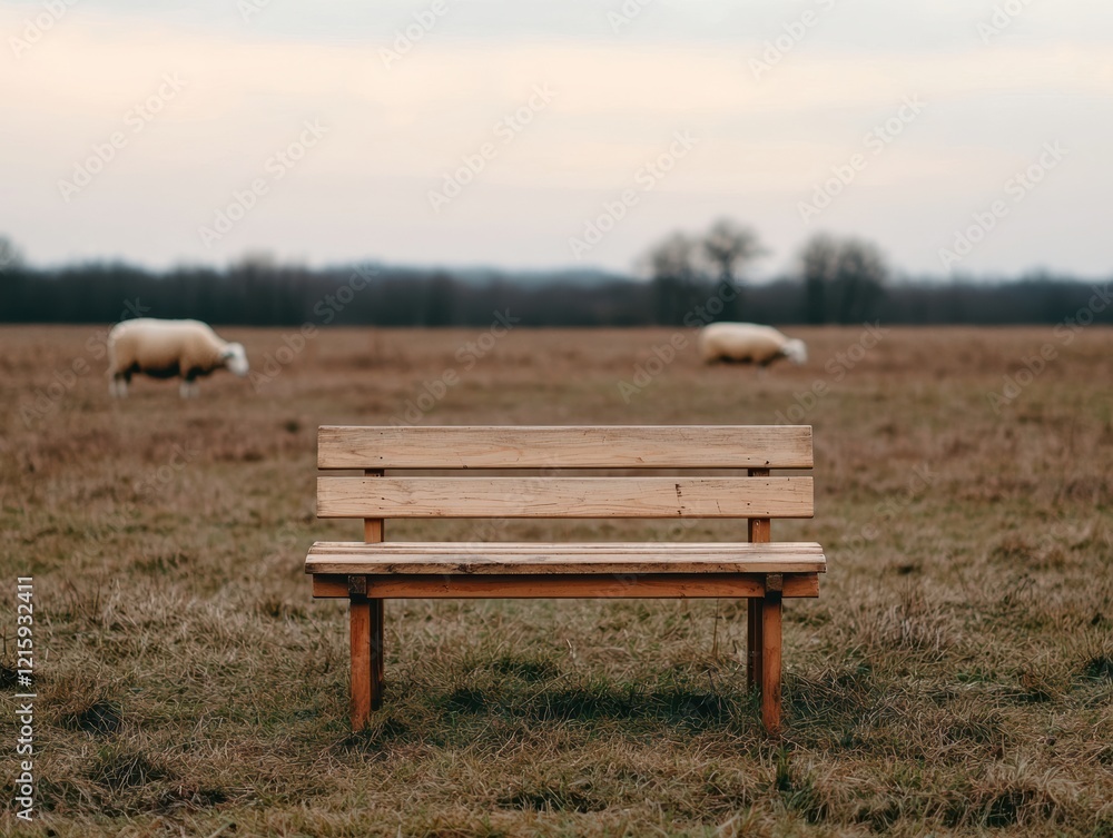 Poster wooden bench standing in a field with sheep grazing in the distance