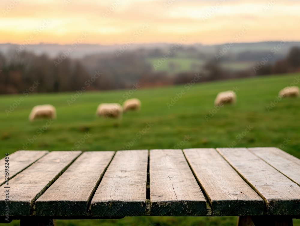 Poster empty wooden table overlooking sheep grazing in a peaceful farm field at sunset
