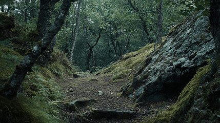 Serene forest path with overgrown greenery and rocky terrain in early morning light