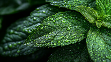 Fresh Mint Leaf with Dew, Against Blurred Pastel Blue Background