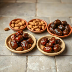 Obraz premium Group of dry fruits like Dates and almonds in clay plates on stone tile background