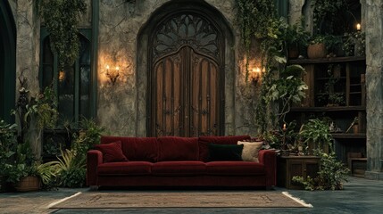 A gothic-style room with a deep red sofa, a wooden panel door with iron details, and soft, ethereal lighting.