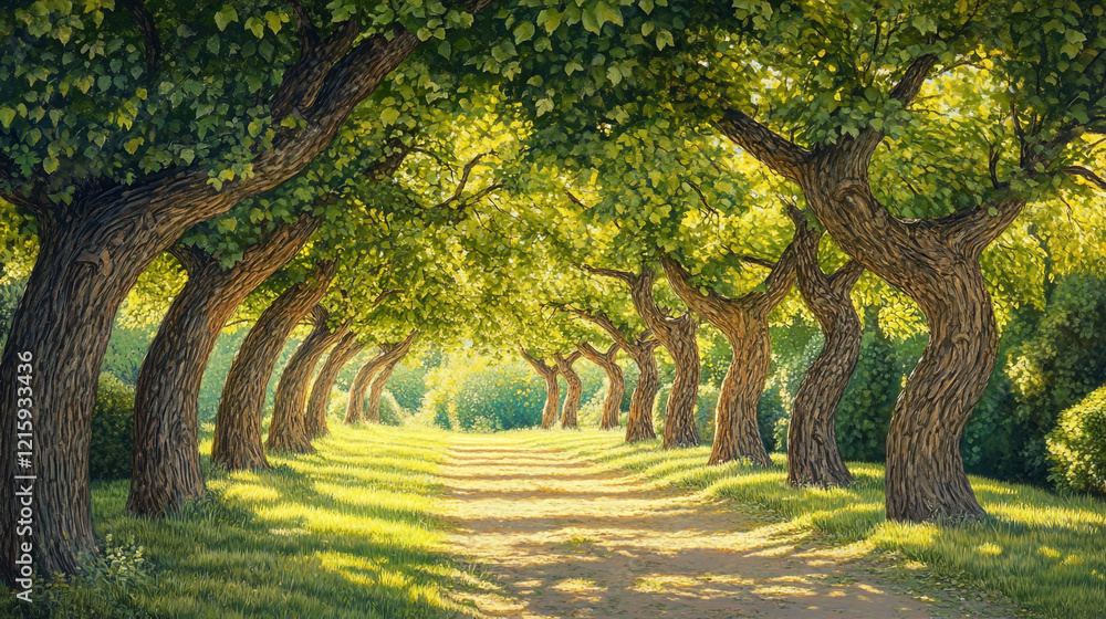 Poster sunlit pathway through a lush green grove filled with trees and soft shadows