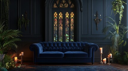 A gothic living room with a dark blue velvet sofa, a stained-glass door, and antique candle holders.