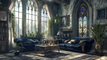 A gothic living room with a dark blue velvet sofa, a stained-glass door, and antique candle holders.