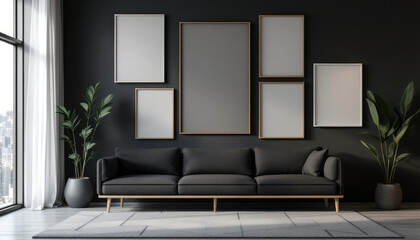 a black sofa with a gray rug, a large window with white curtains, and six blank picture frames on the wall above the sofa. Cozy modern living room with photo frame design
