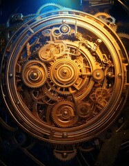Fototapeta premium brass clockwork machine with intricate glowing gears.- 