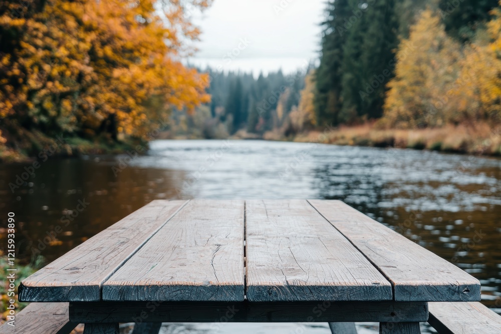 Aufkleber empty picnic table inviting you to relax by the river in autumn