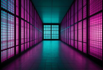Fototapeta premium Neon Lit Corridor With Purple And Teal Windows