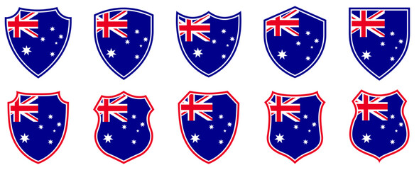 set collections australia flag in shield badge icon. australia flag symbol of powerful country. australia vintage emblem label sticker design template vector illustration © Javanism
