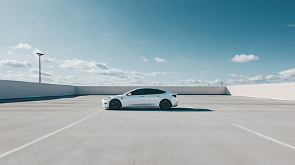 Sleek electric car parked on a spacious rooftop parking lot under a clear sky