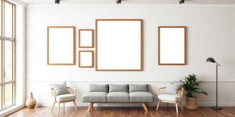 Modern living room interior design with empty picture frames and comfortable seating