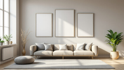 a beige sofa with three white pillows, a gray rug, and two potted plants. Cozy modern living room with photo frame design