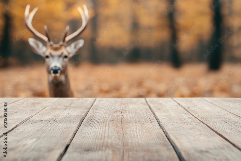 Poster empty wooden table with blurred deer and autumn forest background