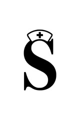 Letter S with nurse hat illustration, Creative design of the letter S featuring a nurse hat with a medical cross, symbolizing healthcare, nursing, and medical services.  
  
