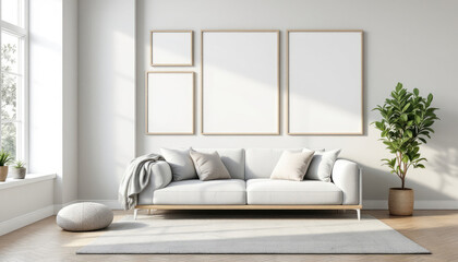 Fototapeta premium a white sofa with three blank picture frames above it, creating a minimalist and modern aesthetic. Cozy modern living room with photo frame design