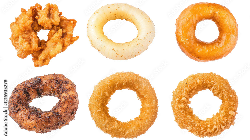 Poster different styles of delicious onion rings on display generative ai
