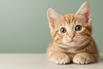 Obraz premium Adorable ginger kitten resting on a white table