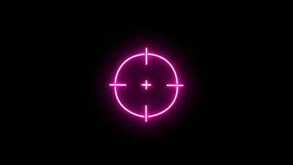 Glowing neon aim cross, target search and aiming icon. Glowing neon 3D target icon. Crosshair, gun aim, sniper target, precise shoot, hunting, target audience on black background.	