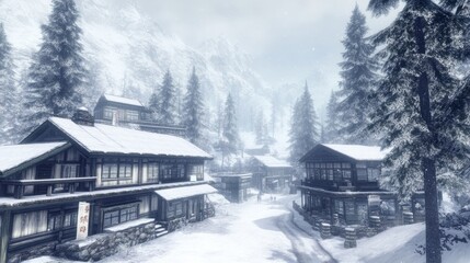 Fototapeta premium Snowy Mountain Village Houses Winter Scene