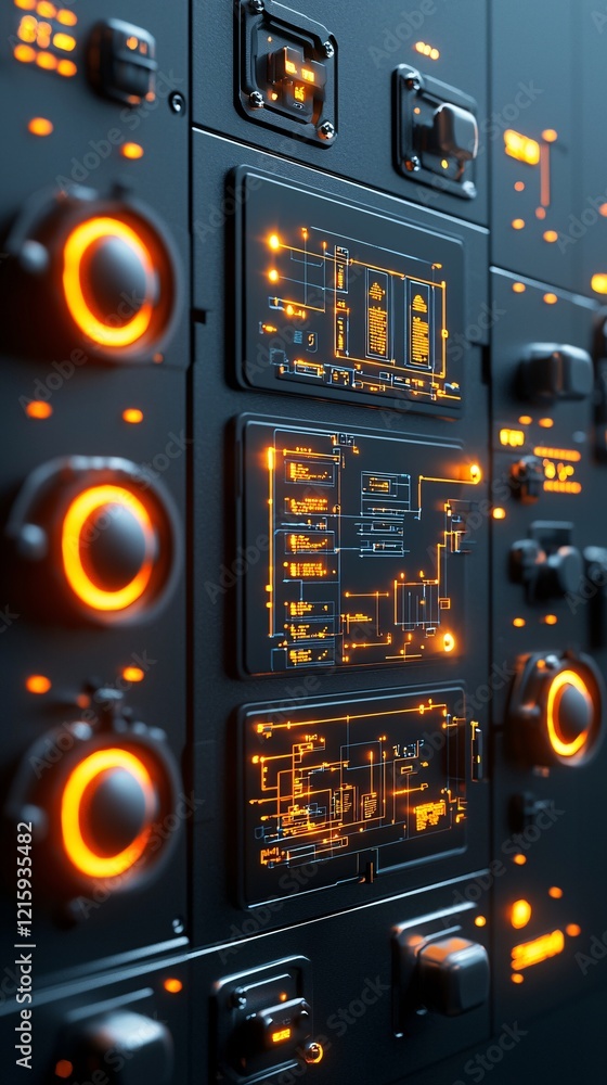 Poster media security system in action, encrypted data streams, high-tech control panels, glowing led grids