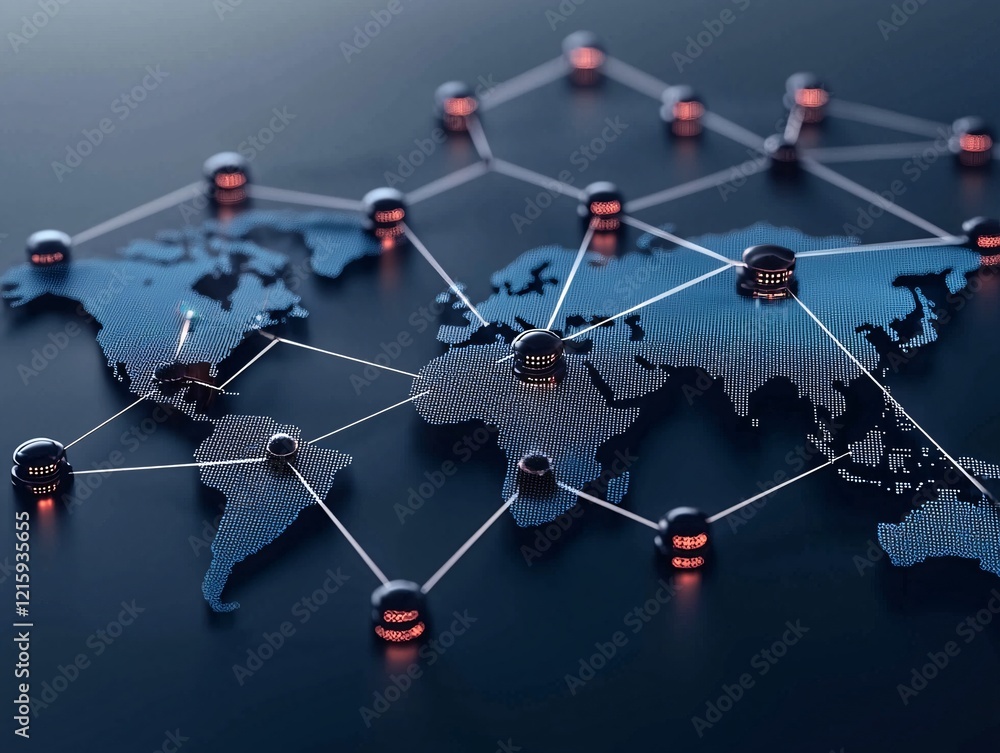 Poster information sharing in global networks, dynamic connection lines, world map overlays, data visualiza