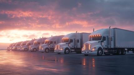 Fleet of trucks lined up at sunset under a colorful sky