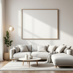 a large white sectional sofa with a round coffee table in front of it, and a large blank picture frame hanging above the sofa. Cozy modern living room with photo frame design