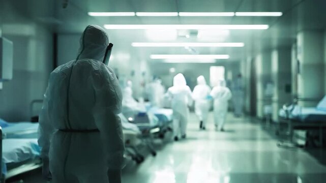 Healthcare workers in full protective gear navigate a dimly lit intensive care unit, attending to critically ill patients. The image portrays the gravity of a high-risk medical environment