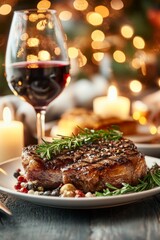 A beautifully plated steak garnished with herbs, paired with a glass of red wine, set against a warm, festive backdrop of soft lights and candles.