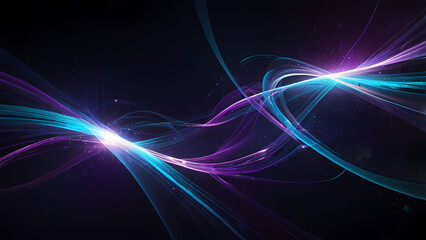 A futuristic abstract background featuring flowing lines of light in vibrant colors, such as blue, purple, and white, intertwining against a dark gradient background
